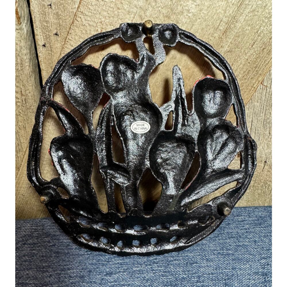 Vintage Cast Iron Floral Basket of Tulips Footed Trivet Wall Hanging Plaque - Picture 2 of 7